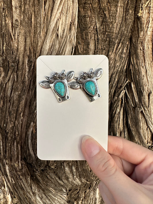 Turquoise steer head earrings