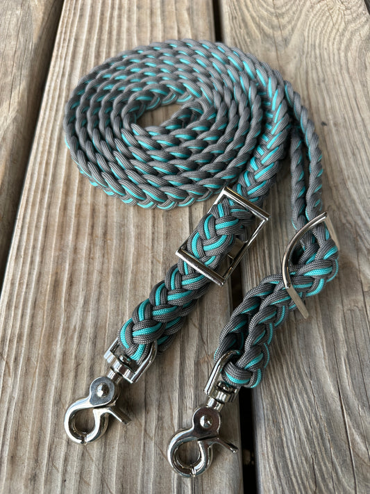 Gray and turquoise reins