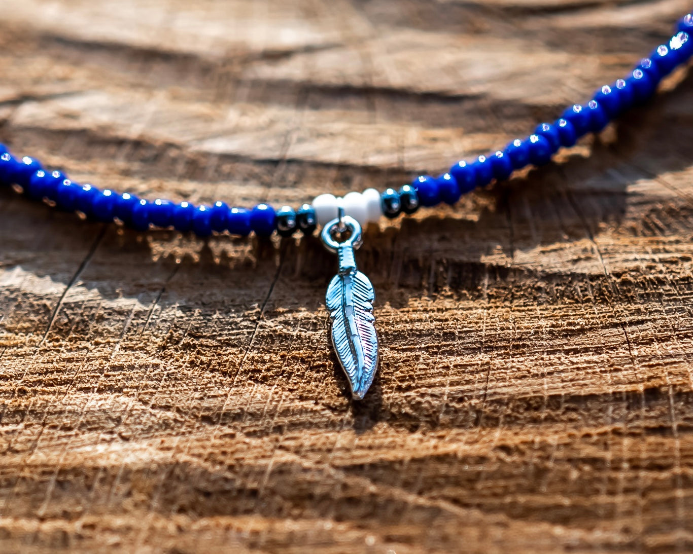 Royal blue, silver and white feather charm choker necklace
