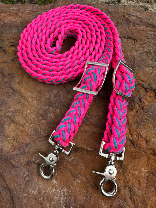 Neon pink and neon turquoise horse reins