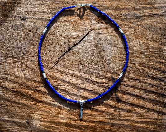 Royal blue, silver and white feather charm choker necklace